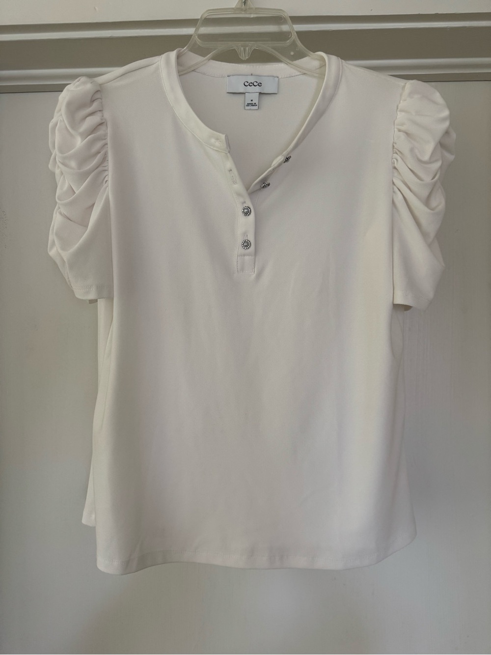 CeCe white pearl button gathered sleeve top
